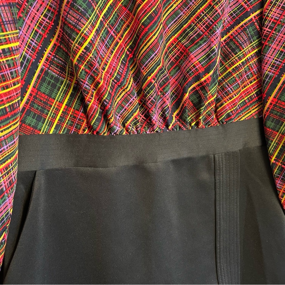 NWT LDT Ivonne Plaid Crew Neck 3/4 Puff Sleeve Dress Black - Picture 2 of 9